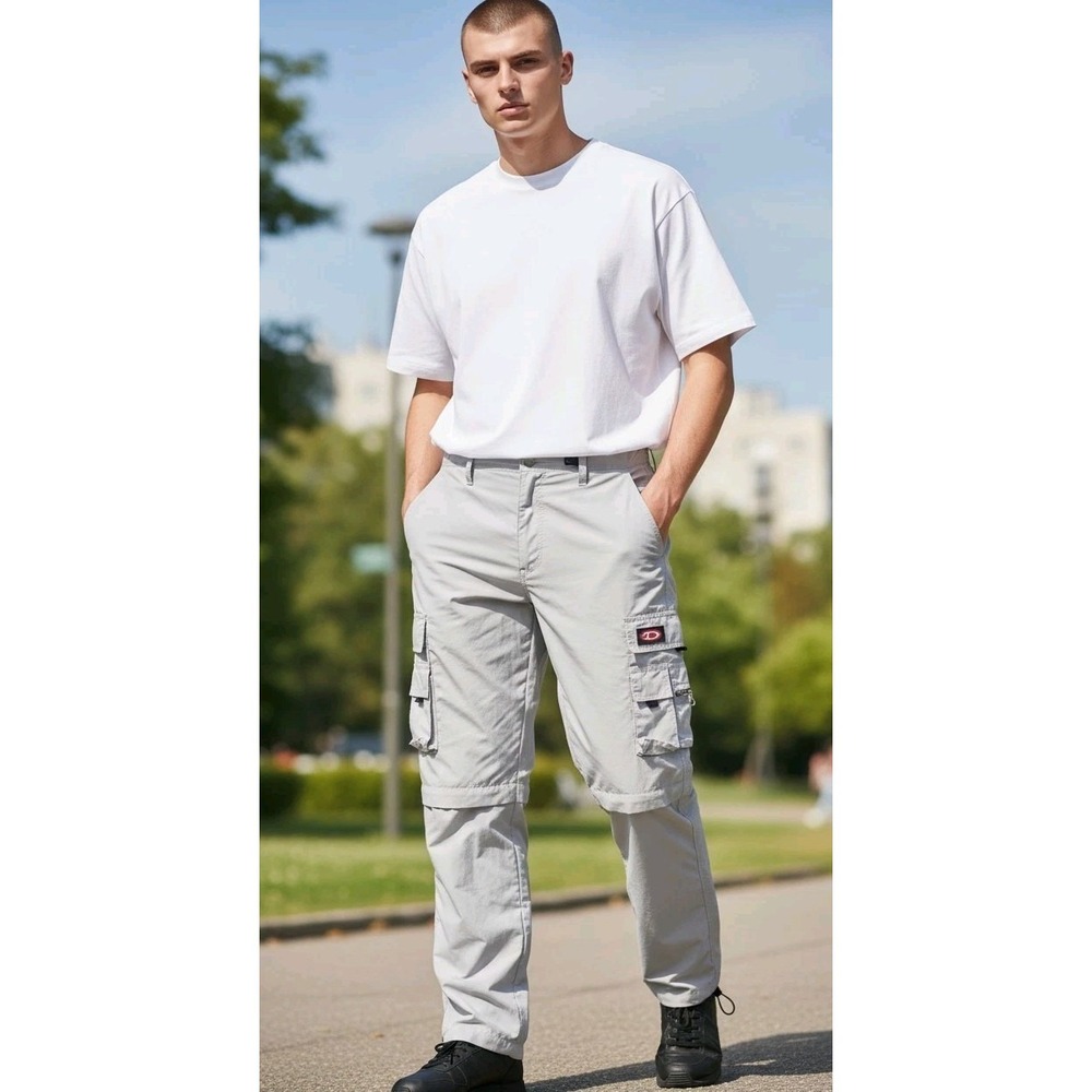 Diesel Beige Convertible Cargo Pants Straight Leg Size 36 Logo Zip Drawstring